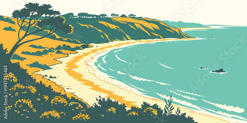 A serene beach with a winding road and boats on the water Vector