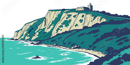 A cliffside landscape with a body of water Vector