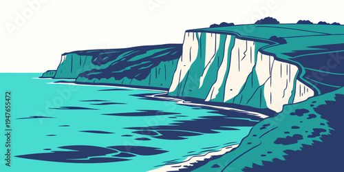 A cliff overlooking the ocean with a blue sea Vector