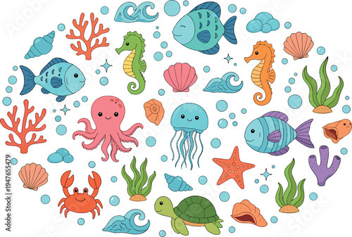Cute underwater sea animals vector illustration set featuring fish, octopus, jellyfish, seahorse, turtle, crab, coral reef and ocean life cartoon characters