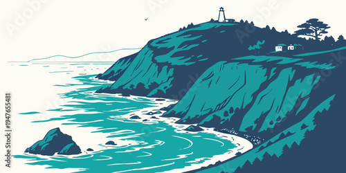 A rocky coastline with waves crashing on the shore Vector