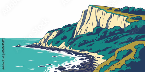 A cliff overlooking the ocean with a sandy beach Vector