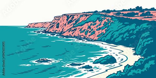 A scenic view of a rocky coastline with blue water Vector