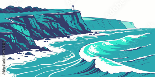 A scenic cliffside by the ocean with waves crashing Vector