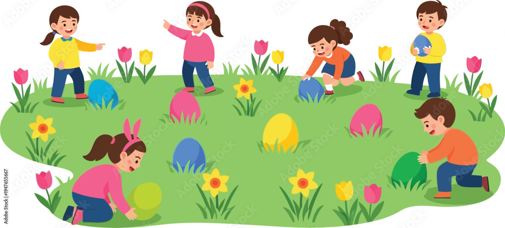 Fototapeta premium Children playing with Easter eggs in a colorful garden with flowers and grass