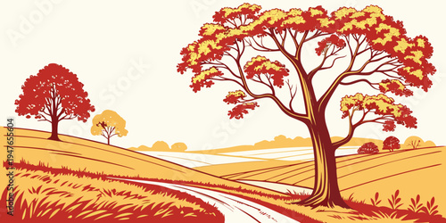 A tree with yellow and orange leaves on a hill Vector