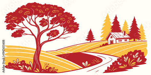 A red and yellow illustration of a house and tree in a rural setting Vector