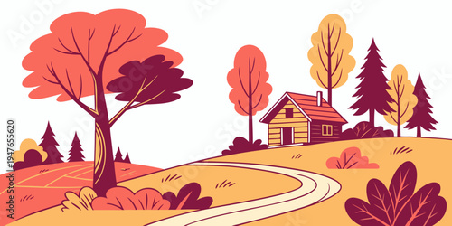 A house on a hill surrounded by trees in autumn Vector