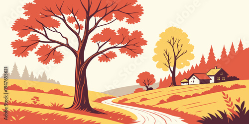 A colorful landscape with a tree and a house Vector