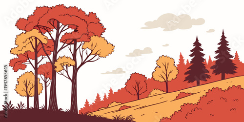 A hillside with trees and bushes in autumn colors Vector