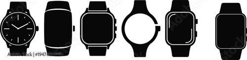 Smartwatch and wristwatch silhouette icon set with modern digital wearable devices isolated black vector collection for technology fitness tracking time