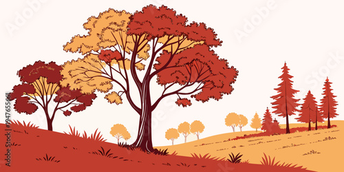 A colorful autumn landscape with trees on a hill Vector