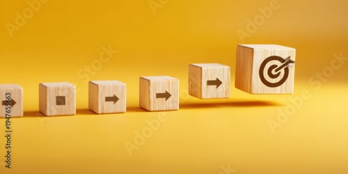 The wooden block with target icon leading a line of arrow marked cubes toward success