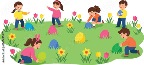 Children playing with Easter eggs in a colorful garden with flowers and grass
