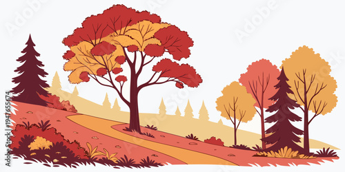 A colorful illustration of trees on a hillside during autumn Vector