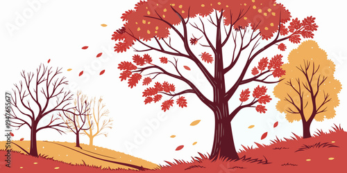 A colorful illustration of trees on a hill during autumn Vector