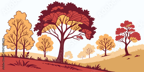 A group of trees with colorful leaves on a hillside Vector
