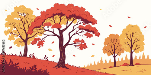 A colorful autumn landscape with trees on a hill Vector