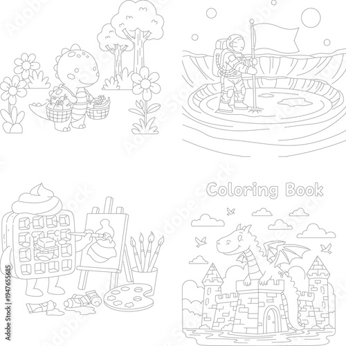 Cute kids coloring pages: dino garden, pirate ship adventure, robot painter, and dragon castle fantasy, kids activity, line art