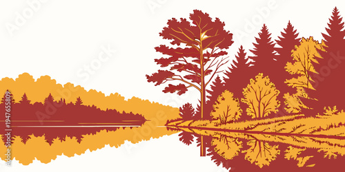 A serene lake scene with trees reflected in the water Vector