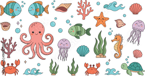 Cute underwater sea animals vector illustration set featuring octopus, fish, jellyfish, seahorse, crab, turtle, coral reef and ocean life characters