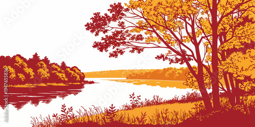 A serene lake scene with trees on the shore during autumn Vector