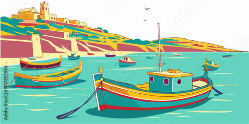 Colorful boats are moored in a picturesque harbor Vector