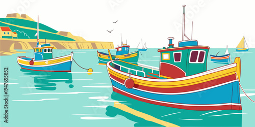 Two colorful boats floating on the water Vector