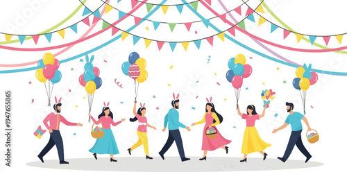 A group of people celebrating a festive occasion with colorful balloons and banners