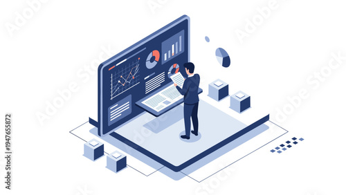 Data analyst standing on a digital platform interacting with complex financial statistics and charts displayed on a large screen.