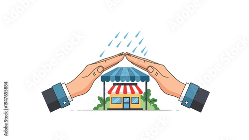 Symbolic illustration of two hands in suits protecting a small shop from falling rain to represent business insurance concepts.