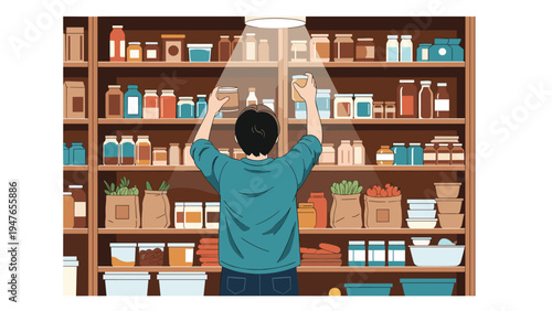 Person reaching for a jar on highly organized pantry shelves stocked with various food containers, bags, and vegetables.