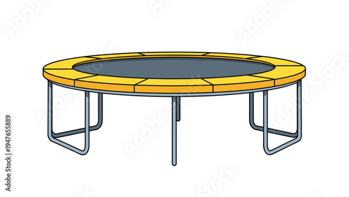 Large outdoor trampoline with a black jumping mat and yellow safety padding standing on a sturdy metal frame in a garden.