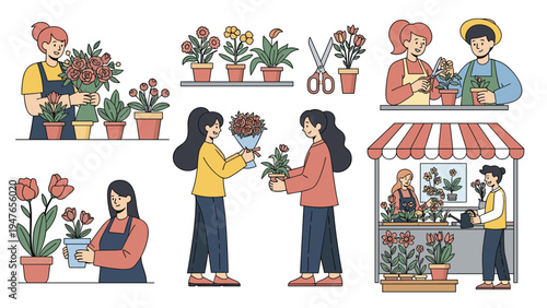 Multiple scenes of people working at a flower shop including florists arranging bouquets and customers buying plants.