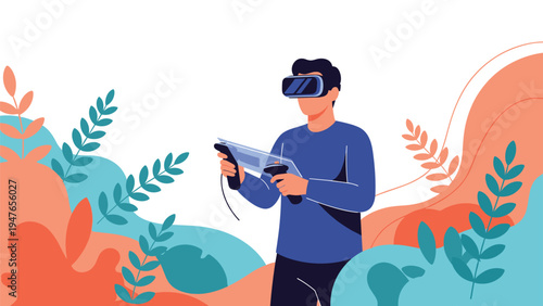 Young man using a virtual reality headset and hand controllers while standing in a colorful nature themed abstract environment.
