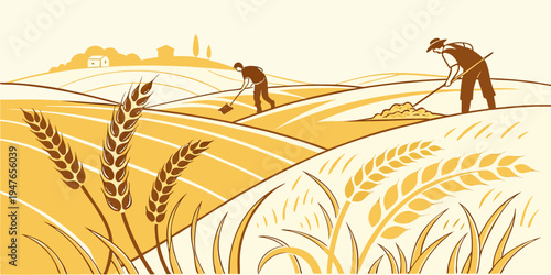 Two farmers working in a wheat field Vector