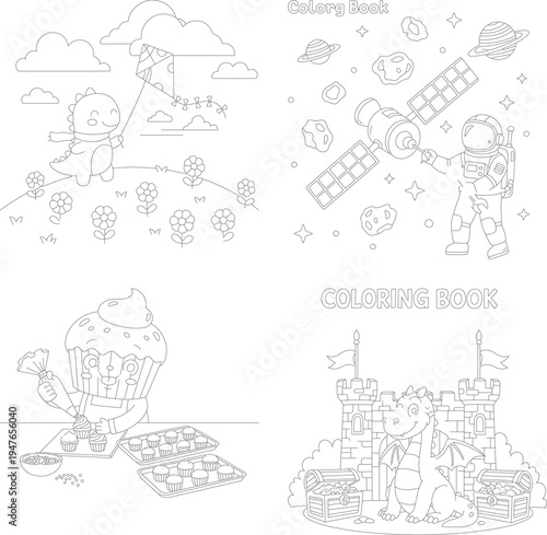 Dinosaur near a pond with plants, prehistoric scene coloring page for children, line art