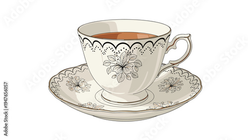 Elegant vintage porcelain teacup filled with tea and a matching saucer decorated with delicate floral patterns.