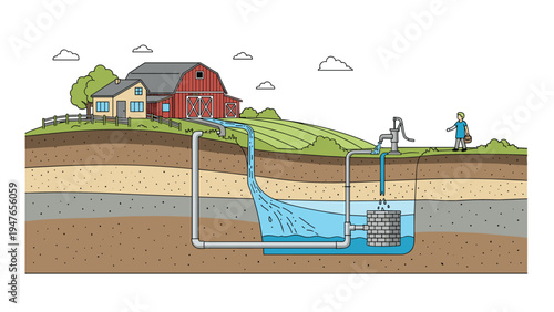 Cross section diagram of a farm showing the water well system and underground aquifer connected to a red barn and house.