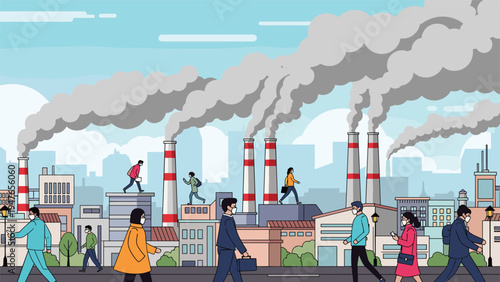 Industrial cityscape with factory chimneys emitting thick smoke into the air while people in masks walk past buildings.