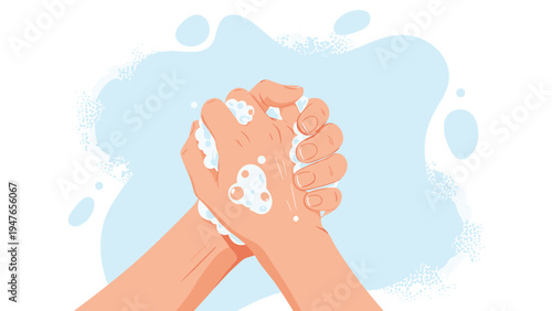Close up of two hands being washed with soapy bubbles against a light blue abstract water background for hygiene.