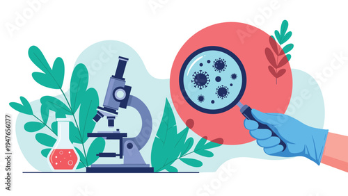 Medical laboratory research scene with a microscope and a hand holding a magnifying glass over virus cells and plants.