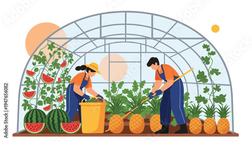 Two farmers working inside a large glass greenhouse harvesting watermelons and pineapples in a sunny indoor garden.