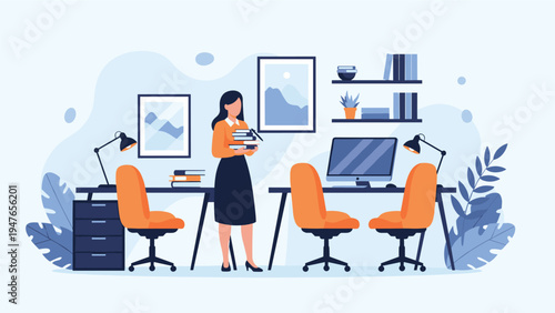 Professional woman holding books standing in a modern office interior with desks, orange chairs, and minimalist wall decorations.