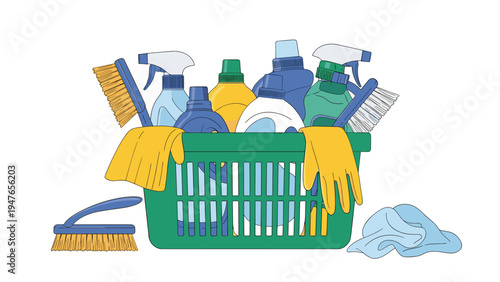 Cleaning supplies including spray bottles, brushes, and rubber gloves organized in a green plastic basket for domestic housework.