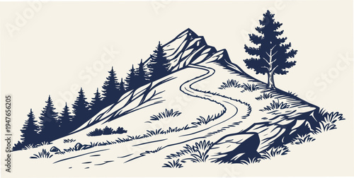A mountain landscape with a winding path and trees Vector