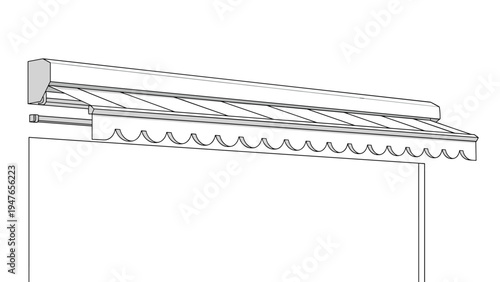 Retractable outdoor awning structure with a white and gray striped pattern for providing shade and sun protection for windows.