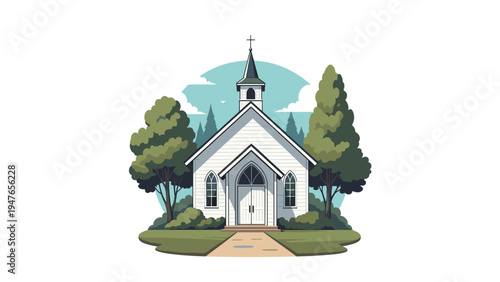 Traditional white wooden church building with a steeple and cross set in a peaceful landscape with green trees and a path.