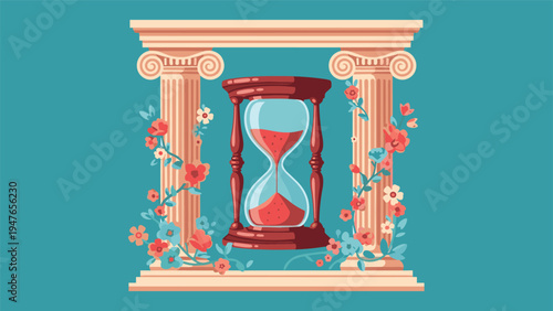 Classic hourglass with red sand standing inside an ornate architectural frame with pillars and flowers on a teal blue background.