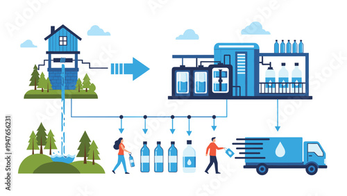 Detailed infographic explaining the industrial water treatment and bottling process from the source to final truck distribution.